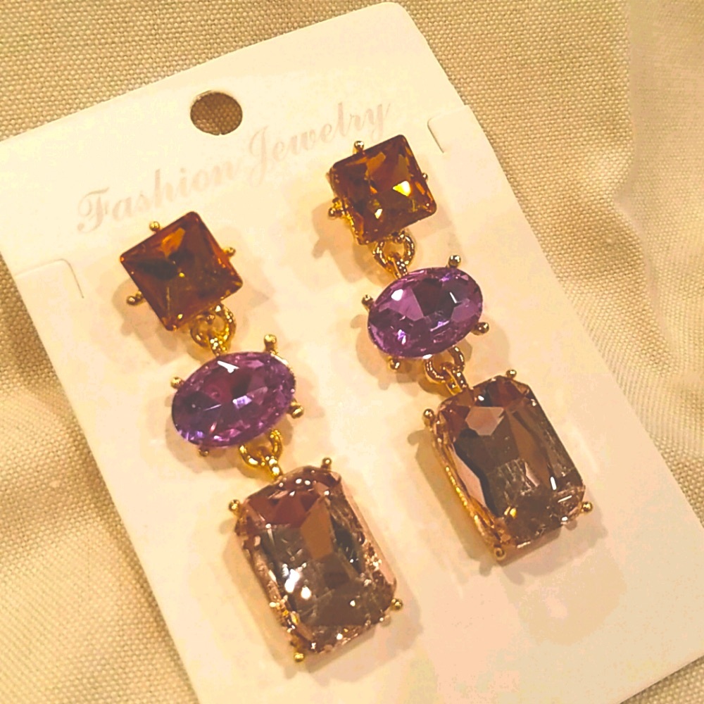 Rhinestone Dangle Earrings pink amethyst purple gold NEW
